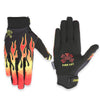 A pair of black motocross gloves with orange and yellow flame accents.