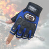 Nahaufnahme eines schwarzen taktischen Halstschutzhandschuh mit blauen Akzenten und silberner Schnalle