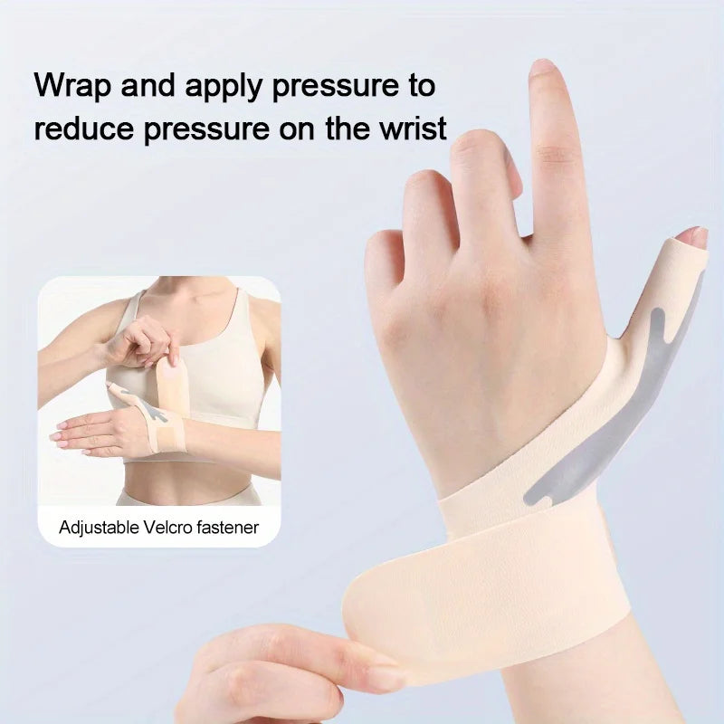 A hand is applying pressure to a wrist guard for pain relief, showing an adjustable velcro fastener.