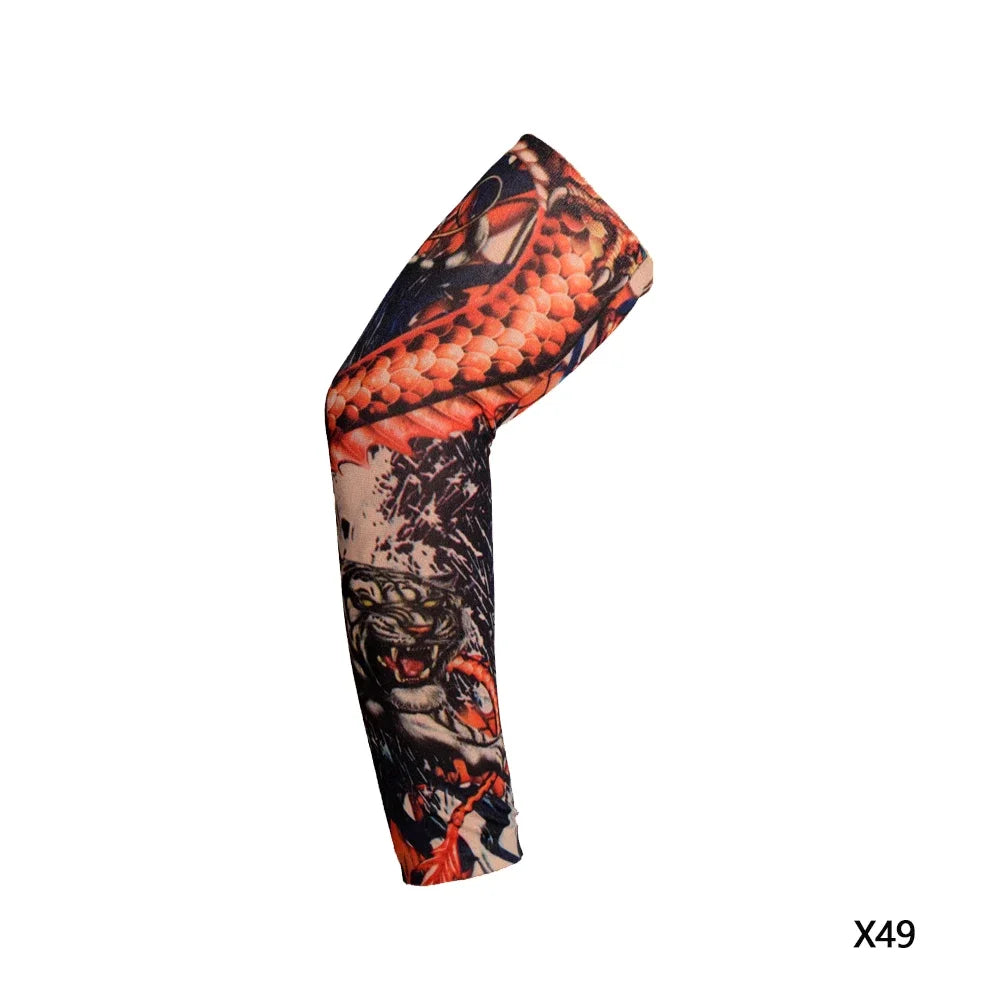 A close-up view of an orange and black patterned reusable stretch tattoo arm sleeve.