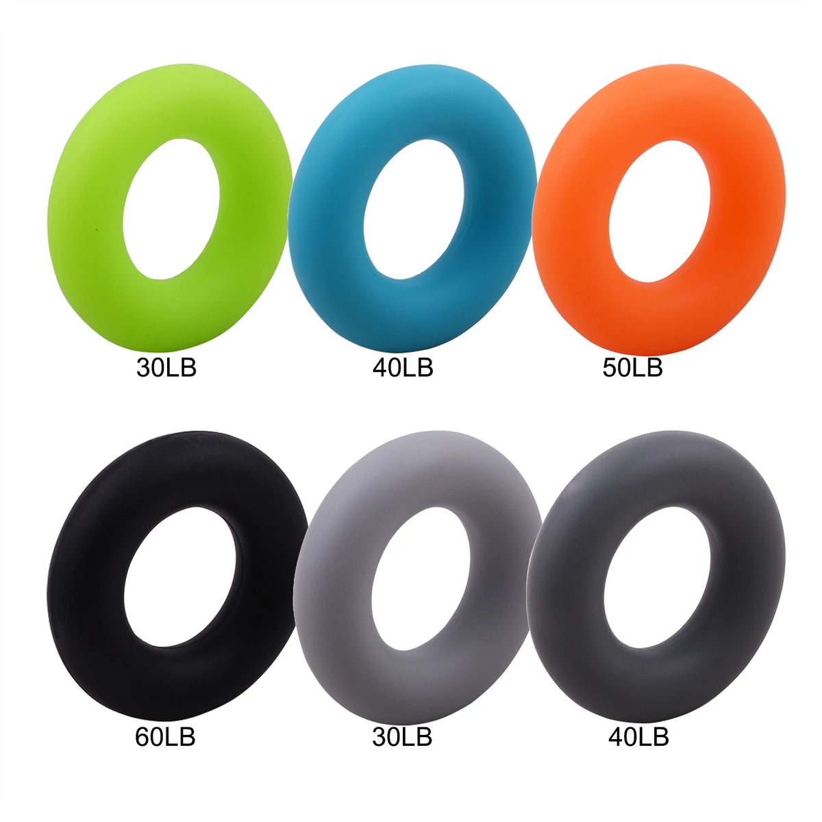 Un ensemble de bagues de maintien en silicone dans les couleurs vert néon, bleu, orange, noir, gris et gris foncé.