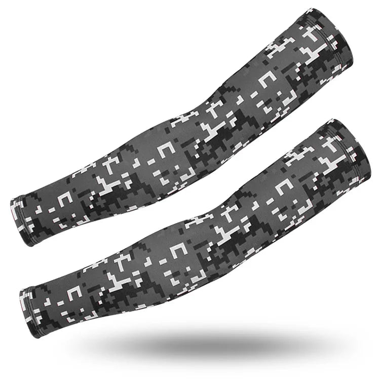 A pair of camouflage tactical arm sleeves for outdoor sports, displayed diagonally.