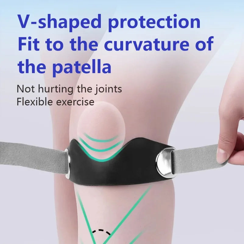 A hand is applying a V-shaped silicone knee pad to the patella area of a leg for flexible exercise and joint protection.