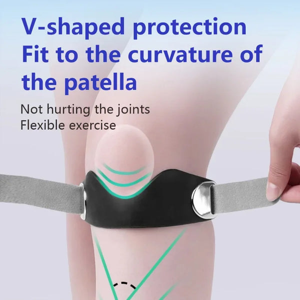 Une main applique un coussinet silicone en forme de V sur la rotule d'une jambe pour l'exercice flexible et la protection des