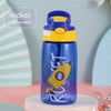 A blue rocket-themed sippy water bottle with a yellow cap sitting on a white surface.