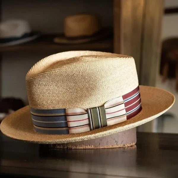 Woven Straw Fedora Hat with Striped Band for Men and Women