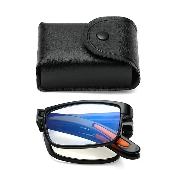 Black folding reading glasses with blue and orange anti-blue light protection lens