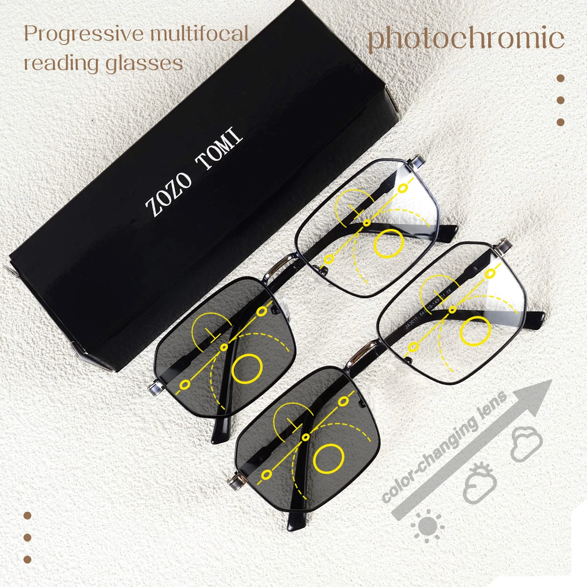 A pair of black photochromic progressive reading glasses are displayed next to their packaging.