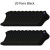 20 pairs of black ankle socks displayed in a row.