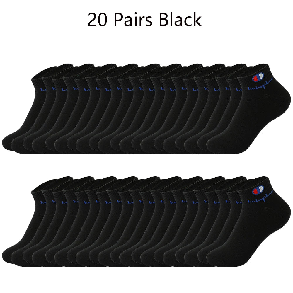 20 pairs of black ankle socks displayed in a row.