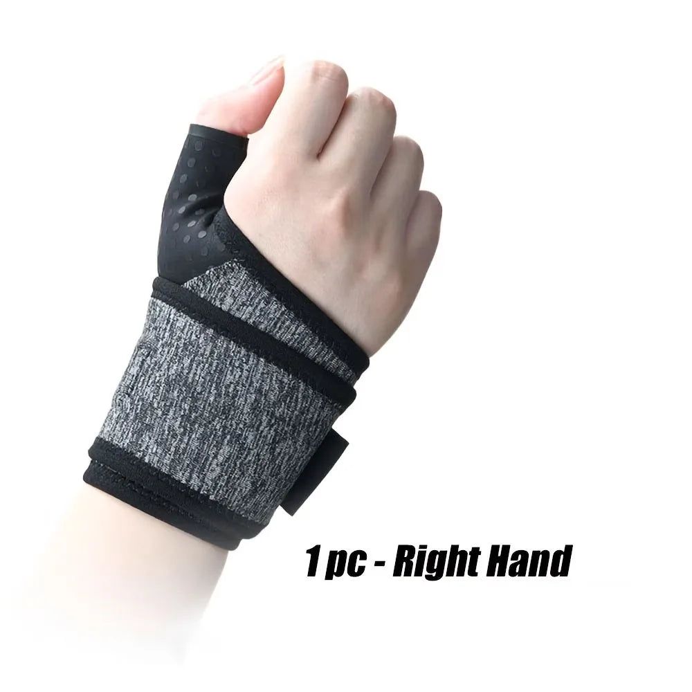 A hand wearing a black compression wristband on the right wrist.
