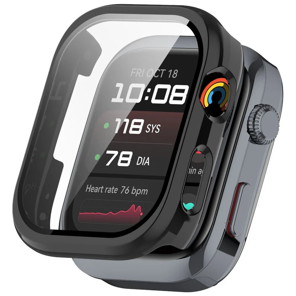 A black smartwatch with a clear protective case showing the time 10:08 and heart rate data.