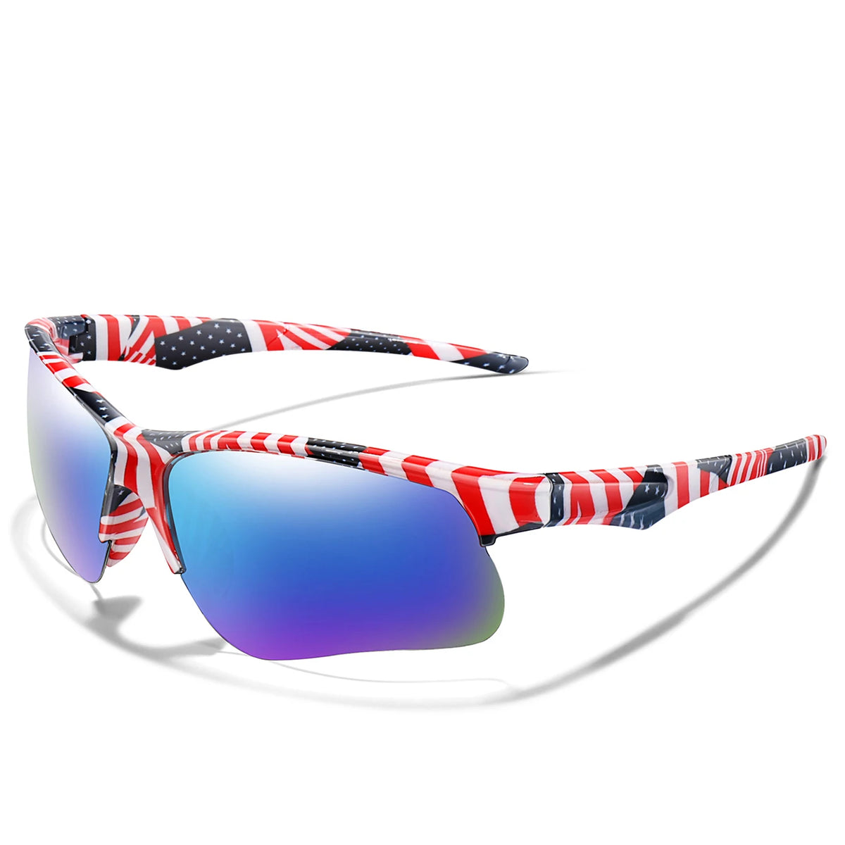 A pair of red, white, and blue patriotic patterned sports sunglasses with a black strap.