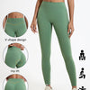 A model wears olive green high-waist yoga leggings demonstrating V-shape design and hip lift features.