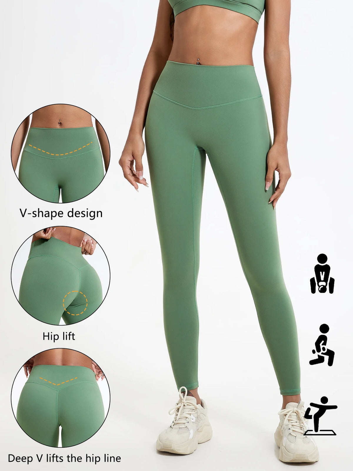 A model wears olive green high-waist yoga leggings demonstrating V-shape design and hip lift features.