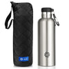 A black padded sleeve for a 1000ml stainless steel insulated thermos bottle.