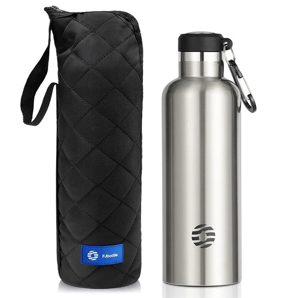 A black padded sleeve for a 1000ml stainless steel insulated thermos bottle.