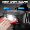 A black motion sensing headlamp is shown illuminating a hand, demonstrating its light-up feature.