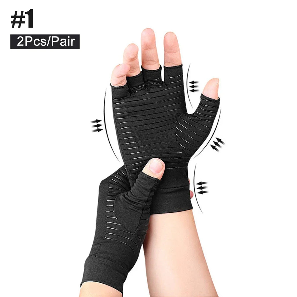 Black compression fingerless gloves worn on a hand and wrist for joint relief.