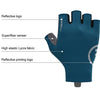 A dark blue half-finger cycling and MTB glove showing various features like a reflective logo and Lycra fabric.