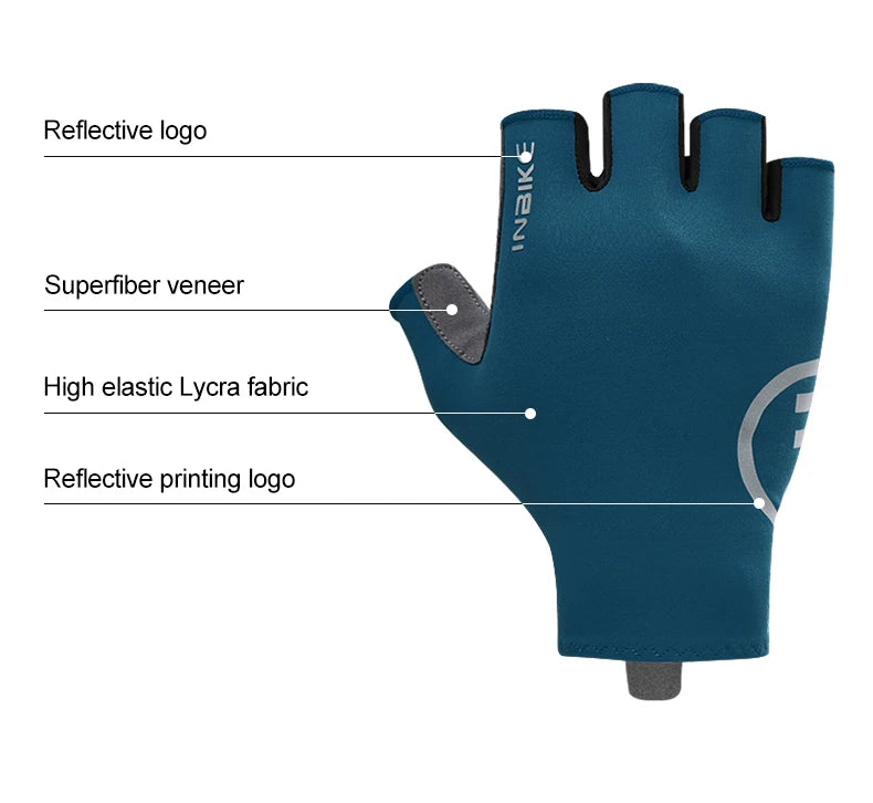 A dark blue half-finger cycling and MTB glove showing various features like a reflective logo and Lycra fabric.