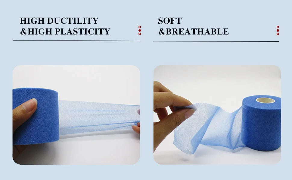 Blue athletic tape wrap being stretched and rolled, demonstrating high ductility and elasticity.