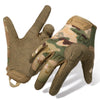 A pair of tactical full finger combat gloves in a camouflage pattern are shown against a white background.