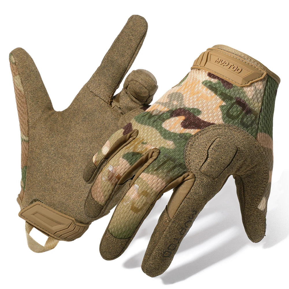 A pair of tactical full finger combat gloves in a camouflage pattern are shown against a white background.