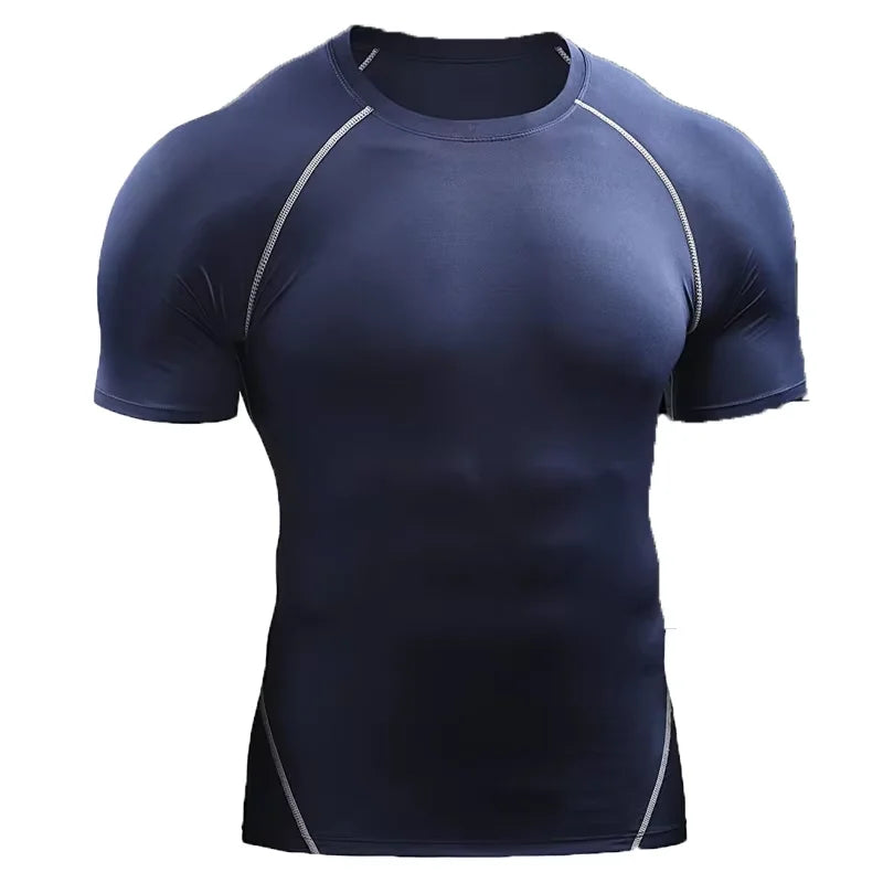 Navy blue men's quick-dry compression running t-shirt with silver piping