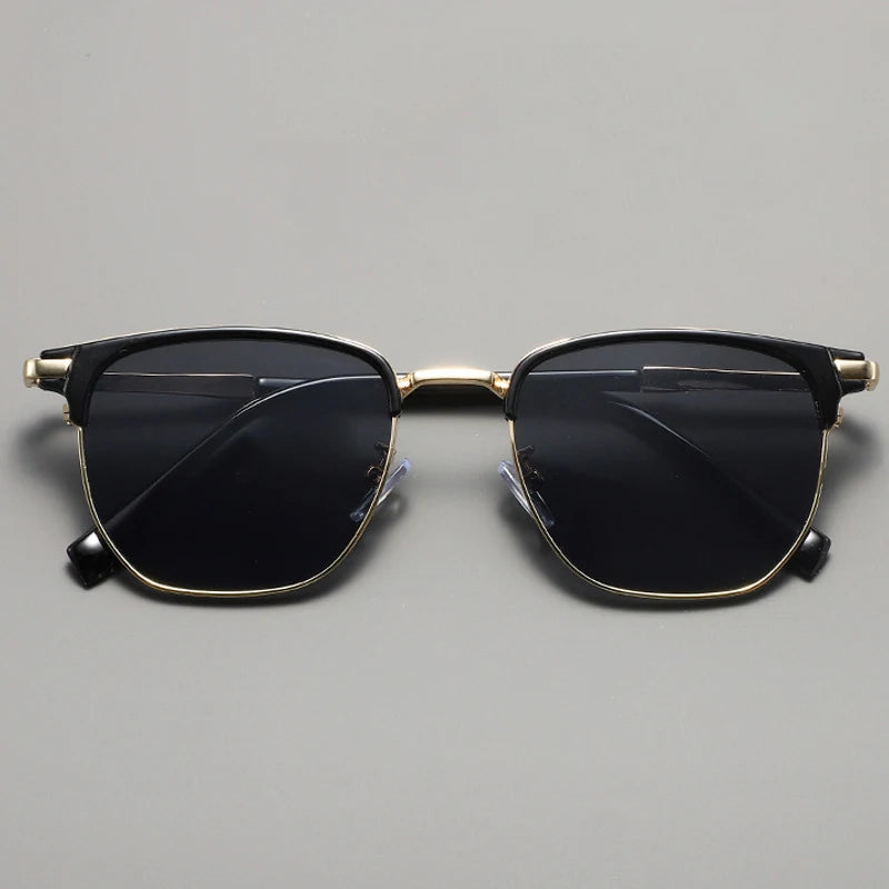 Classic square metal frame sunglasses with black lenses and gold accents