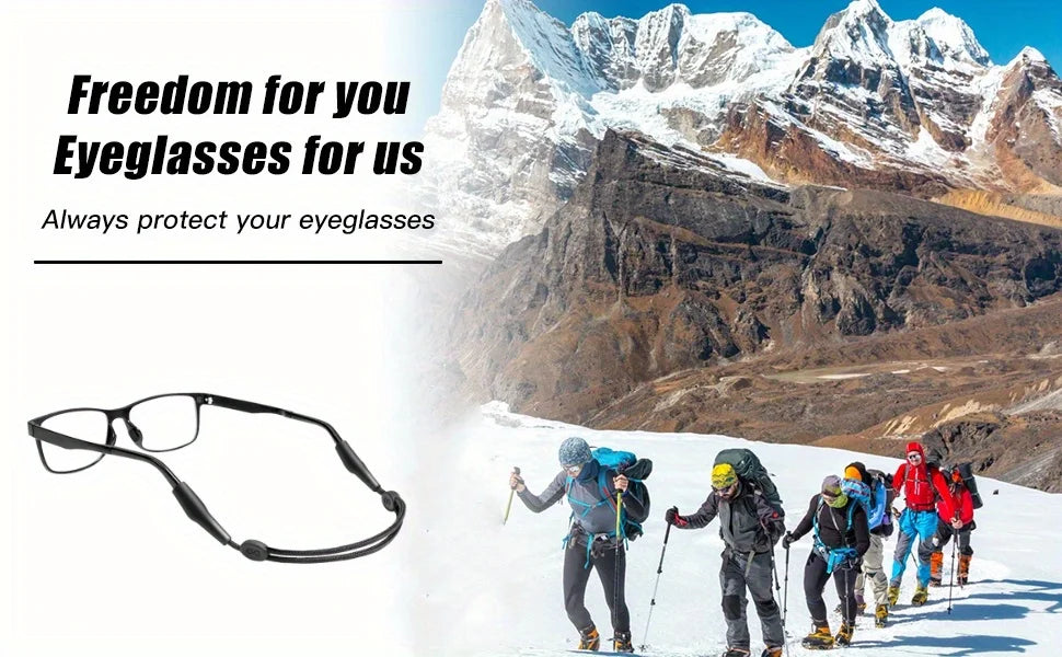 A pair of black eyeglasses is shown next to a group of people skiing in a snowy, mountainous landscape.