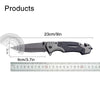 A black multi-functional folding survival knife shown with dimensions of 23cm/9in and 9cm/3.7in.