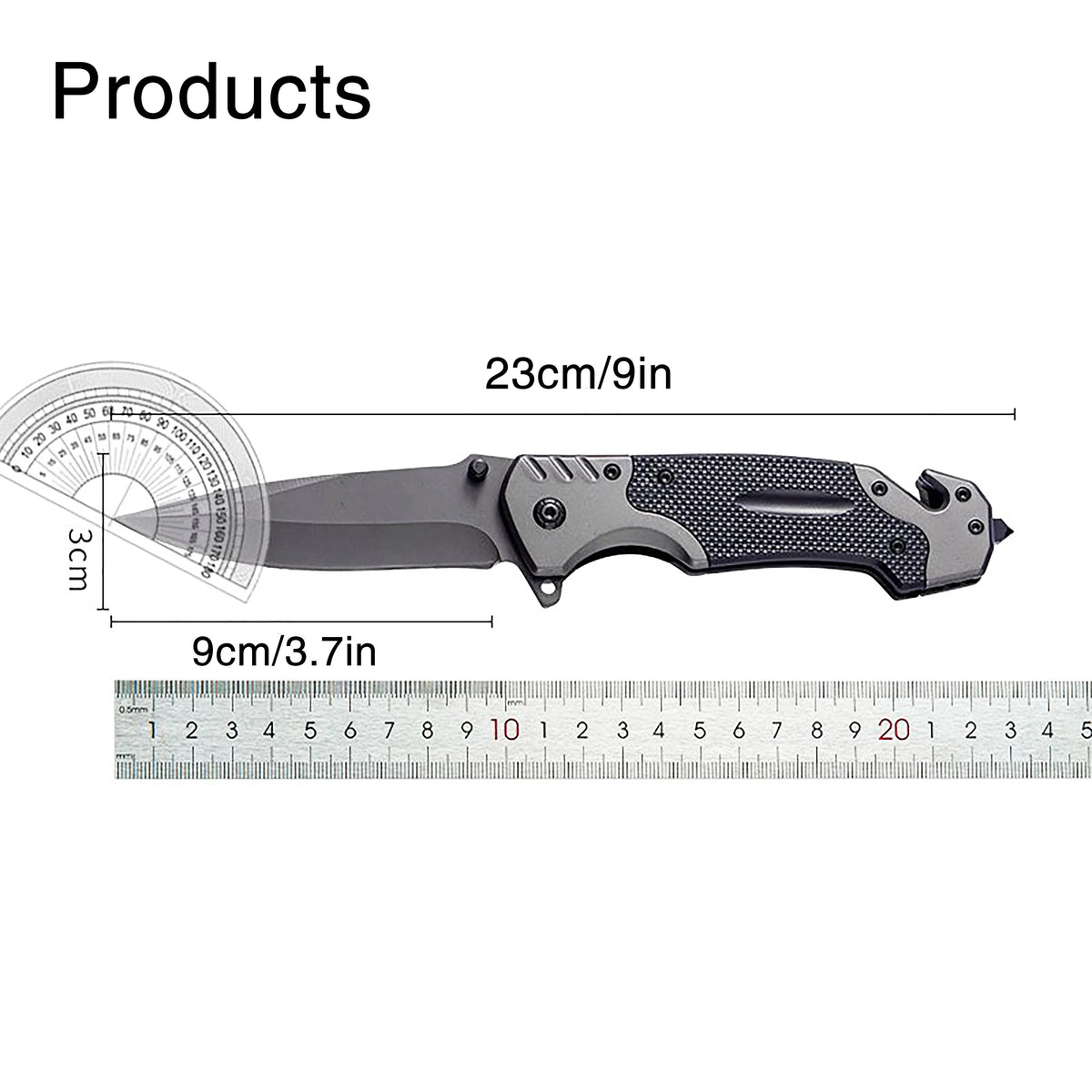 A black multi-functional folding survival knife shown with dimensions of 23cm/9in and 9cm/3.7in.