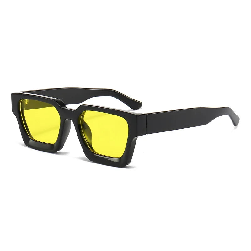Black retro square frame sunglasses with bright yellow lenses