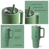A green insulated stainless steel water bottle with a handle and flip straw, shown in various features.