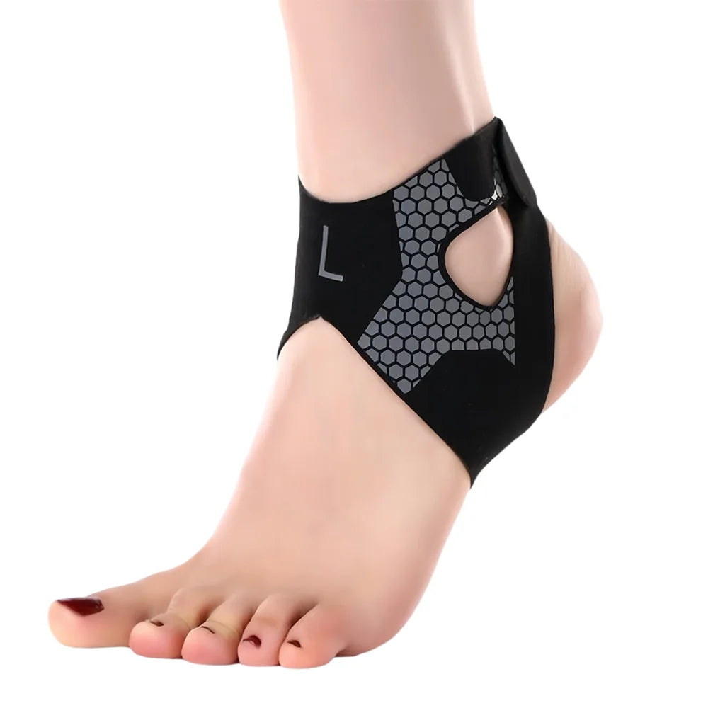 Black adjustable ankle support brace worn on a person's foot and ankle.