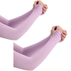 A pair of light purple ice silk arm sleeves being worn on the arms.