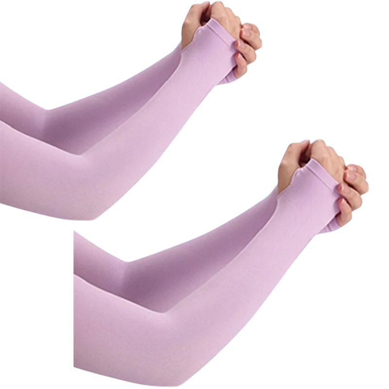 A pair of light purple ice silk arm sleeves being worn on the arms.