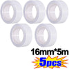 Five rolls of 16mm wide, 5-meter fashion tape are displayed on a white background.