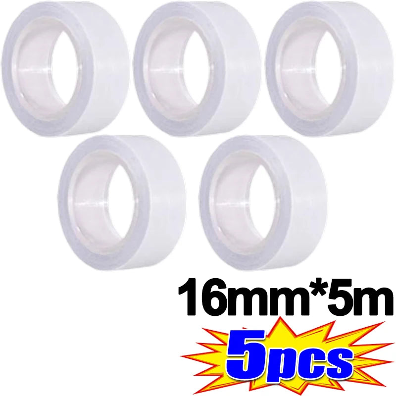 Five rolls of 16mm wide, 5-meter fashion tape are displayed on a white background.