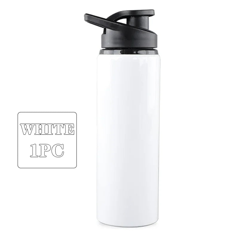 A white leakproof aluminum portable water bottle with a black cap.
