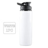 A white leakproof portable aluminum water bottle with a black cap.