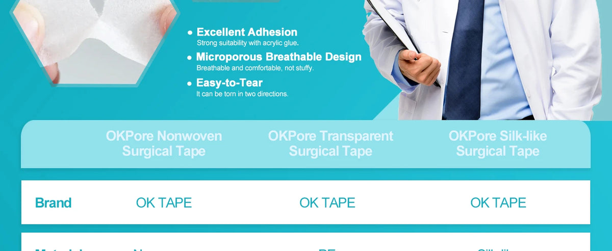 Three types of OKPure medical surgical tape including nonwoven, transparent, and silk-like versions