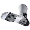 A close-up view of a pair of gray and black anti-slip moisture-wicking athletic socks.