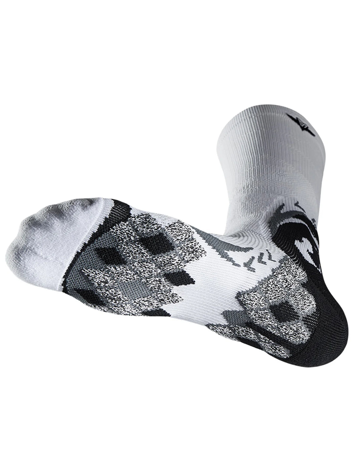 A close-up view of a pair of gray and black anti-slip moisture-wicking athletic socks.