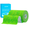 A roll of bright green OKTAPE kinesiology tape is displayed next to its packaging box.