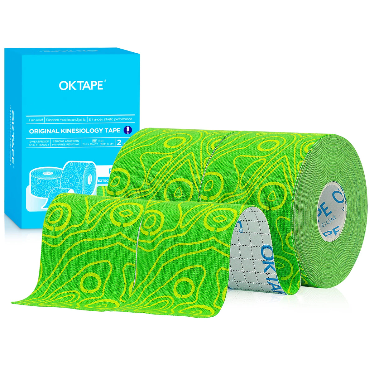 A roll of bright green OKTAPE kinesiology tape is displayed next to its packaging box.