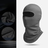 A gray thermal balaclava head covering shown in detail with a folded texture and a full view of the product.