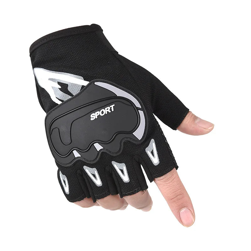 Black half-finger cycling and fitness gloves with a sport logo on the back palm