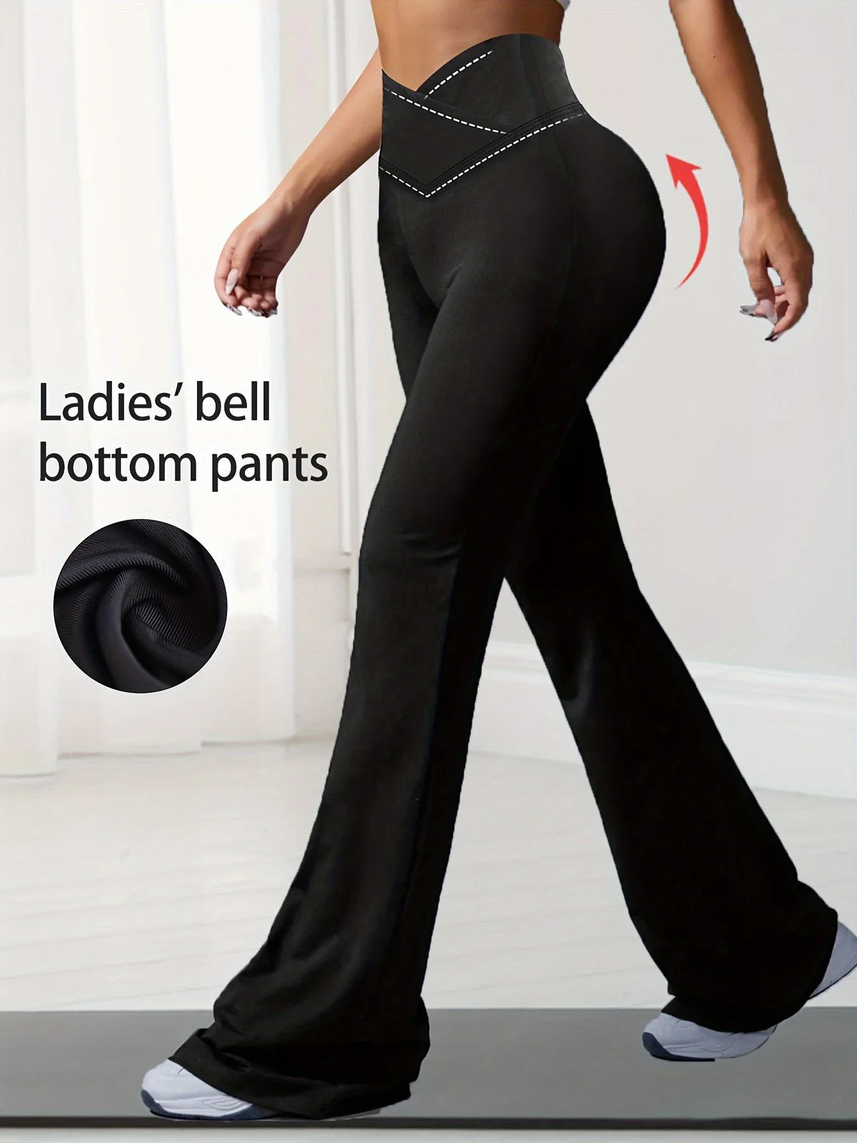 A woman models black Ladies' bell bottom pants with a high waist and flared legs.
